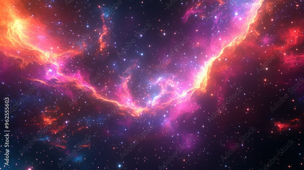 Fototapeta premium A vibrant nebula with pink, red, and yellow clouds in a starry night sky.