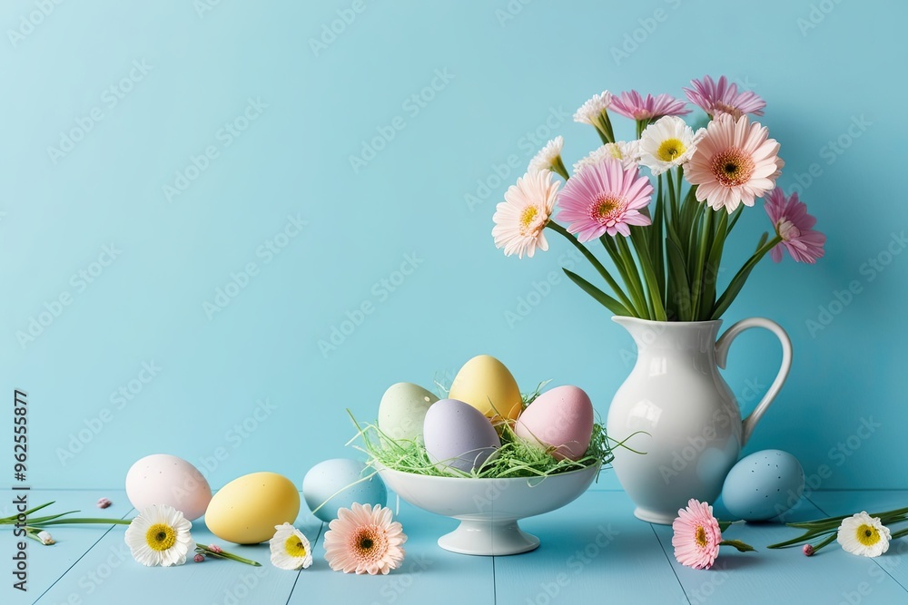 Easter Egg Still Life with Flowers in Vase on Light Blue Background and Pastel Colors Easter Egg Still Life with Flowers in Vase on Light Blue Background and Pastel Colors