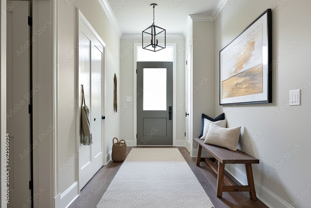 Fototapeta premium Minimalist Hallway Decor Ideas Featuring a Welcoming Bench in the Entryway