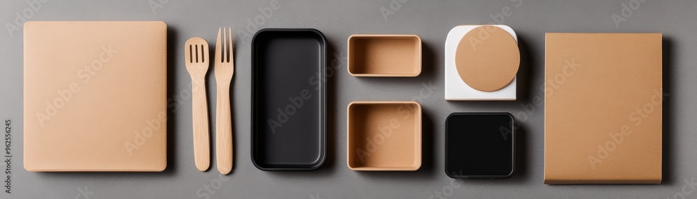 A flat lay arrangement of modern tableware, including boxes, plates, and utensils in stylish colors for dining and presentation. A flat lay arrangement of modern tableware, including boxes, plates, and utensils in stylish colors for dining and presentation.