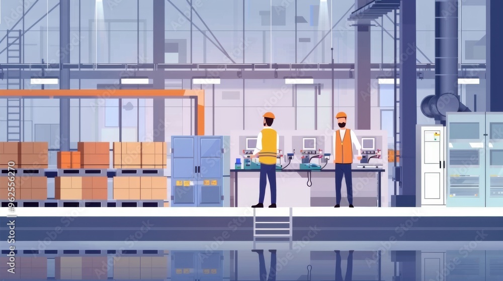 Two project managers stand in a modern industrial factory with robotic arms, automation, and a warehouse storing products and materials.
Two project managers stand in a modern industrial factory with robotic arms, automation, and a warehouse storing products and materials.