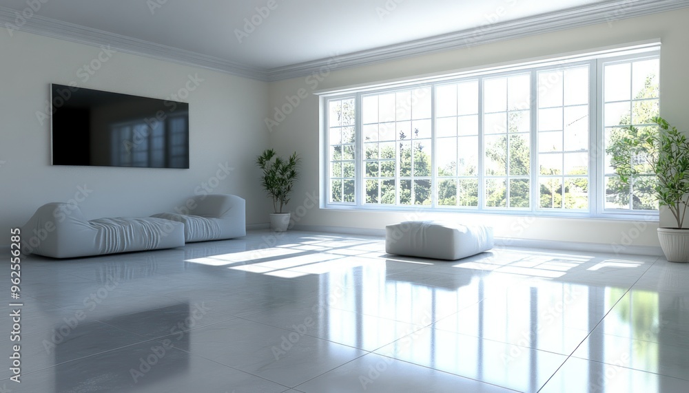 Fototapeta premium Modern Living Room with Large Window and White Furniture