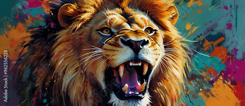 Abstract image of a roaring lion with dynamic brush strokes, vibrant paint splashes, and bold colors. Large brushstrokes and textured details give the image an oil painting style, evoking strength and photo