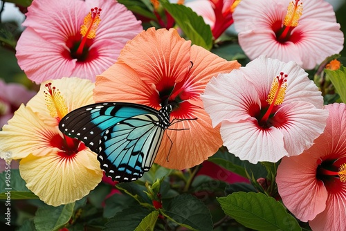 Vivid Tropical Morpho Butterfly Among Cheerful Hibiscus Blossoms in Pastel Colors