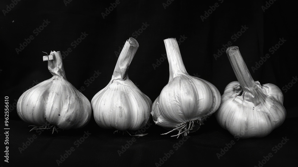 Obraz premium Garlic bulbs in white on a black backdrop.