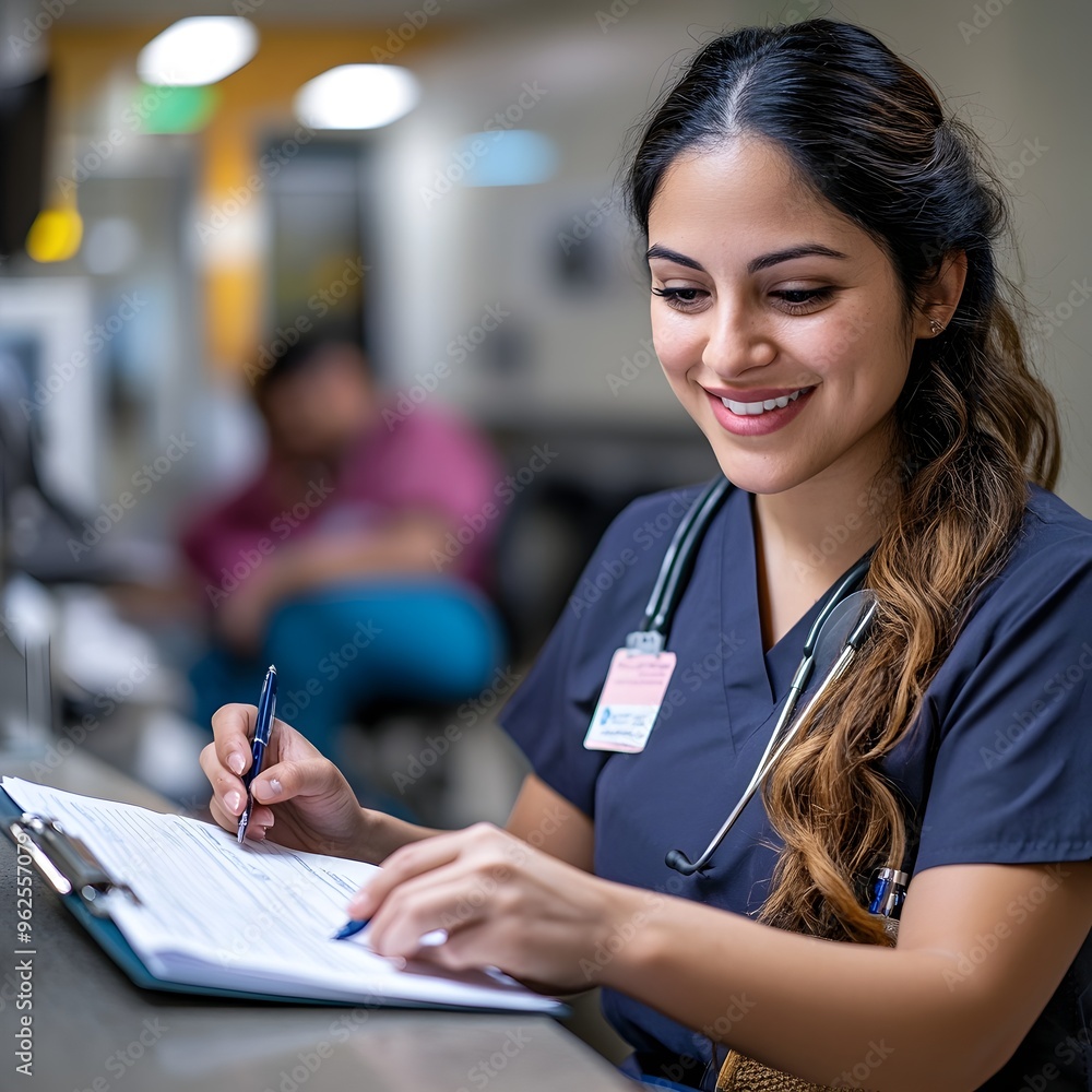 Nurse Providing Compassionate Guidance to Patient Filling Out Medical Forms in Hospital Reception Area Nurse Providing Compassionate Guidance to Patient Filling Out Medical Forms in Hospital Reception Area