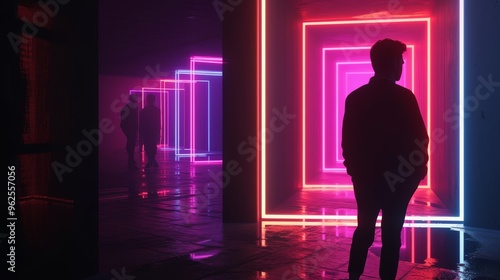 A man stands silhouetted against a neon-lit corridor with vibrant pink and blue lights. The reflections on the floor and the geometric patterns create a futuristic and mysterious ambiance, perfect for