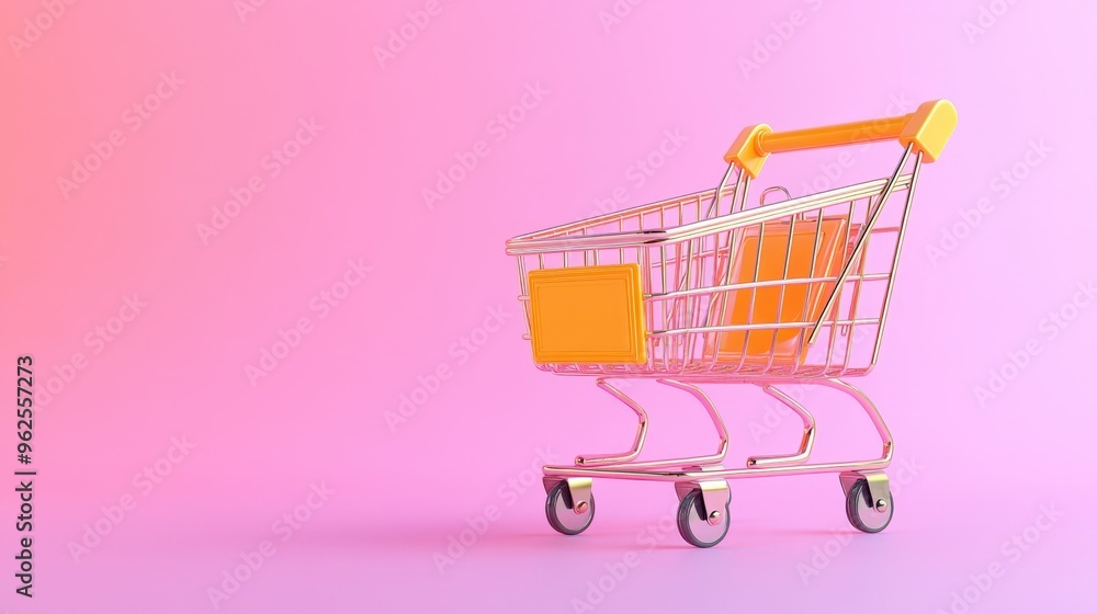A bright orange shopping cart against a pink background. Perfect for themes related to retail, shopping, or online commerce. A bright orange shopping cart against a pink background. Perfect for themes related to retail, shopping, or online commerce.