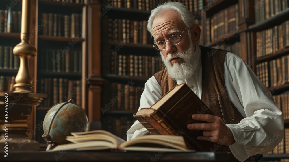 An elderly man with a white beard and glasses intently reads a book in an antique library. Surrounded by towering bookshelves and historical tomes, the setting exudes wisdom and a love for knowledge An elderly man with a white beard and glasses intently reads a book in an antique library. Surrounded by towering bookshelves and historical tomes, the setting exudes wisdom and a love for knowledge