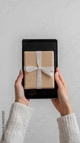 Hands holding a tablet with a gift box on top, wrapped in brown paper and white ribbon, symbolizing digital gifting concept. photo