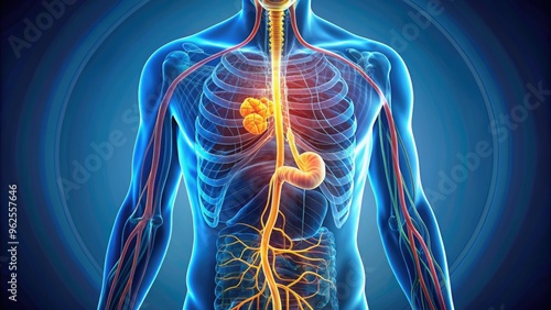 of a stomach with the vagus nerve experiencing a stomachache , stomach, vagus nerve, anatomy, organ, digestive system