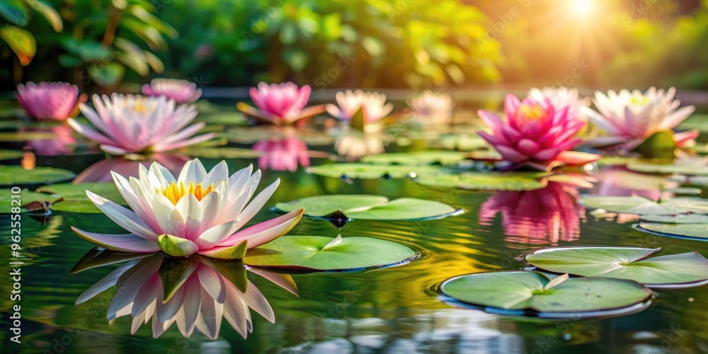 Water lilies blooming on the tranquil pond surface , nature, flowers, water, peaceful, garden, reflection, plants, aquatic