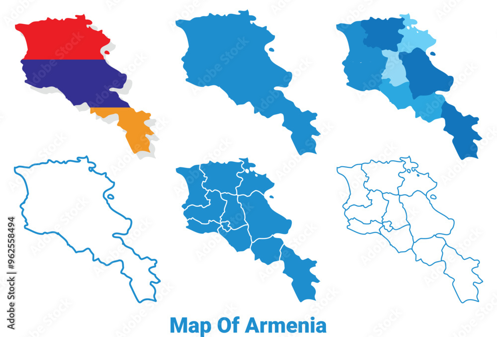 Armenia Maps in different style political map flag outline vector illustration set Armenia Maps in different style political map flag outline vector illustration set