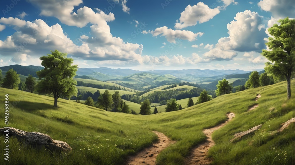 Idyllic Summer Landscape with Green Meadow and Blue Sky Idyllic Summer Landscape with Green Meadow and Blue Sky