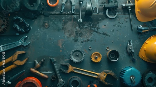 Assortment of Tools and Hardware on a Metal Surface