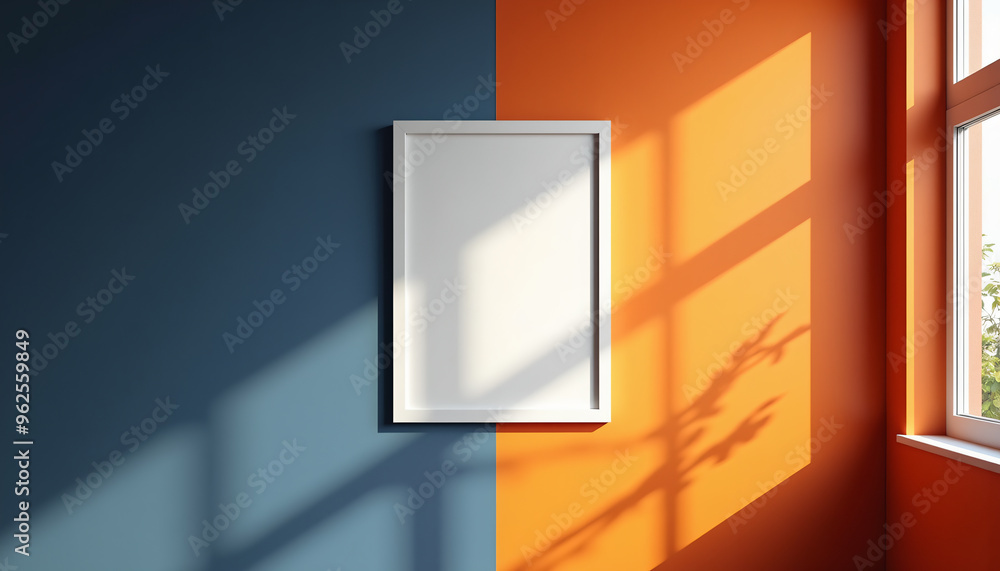 Vertical Blank Frame with Sunlight on Orange and Blue Wall Vertical Blank Frame with Sunlight on Orange and Blue Wall