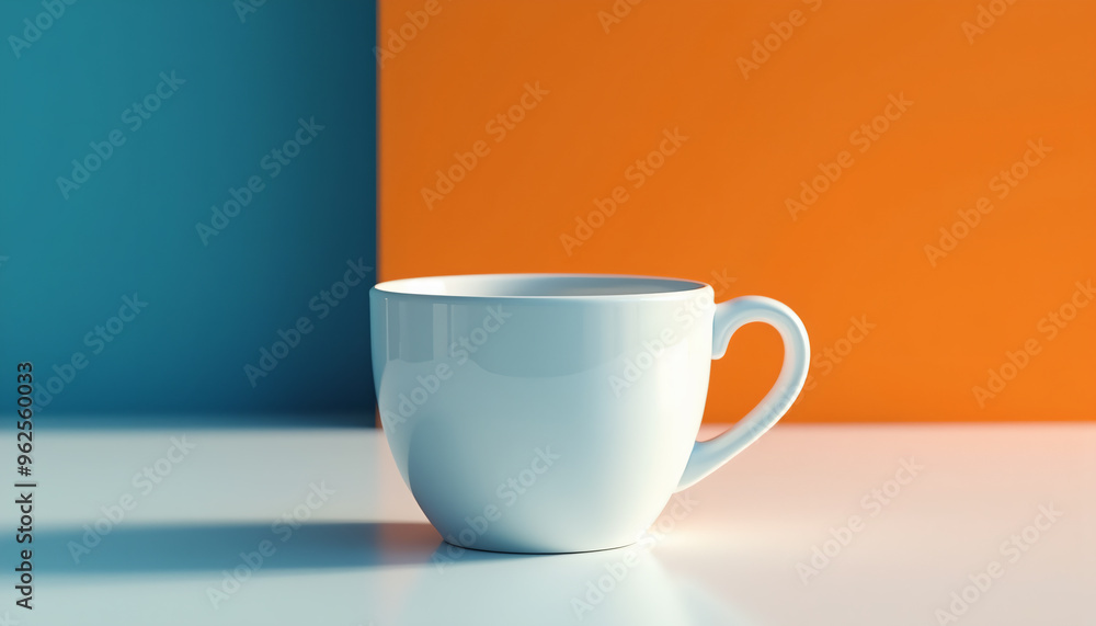 White ceramic mug on table with strong orange and blue contrast White ceramic mug on table with strong orange and blue contrast