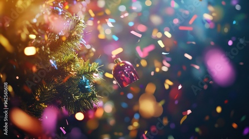 Pink Ornament Hanging on Christmas Tree with Confetti