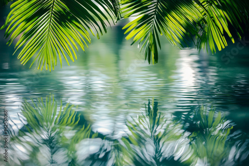 A serene scene featuring lush green palm leaves reflected in calm water, evoking tranquility and natural beauty.