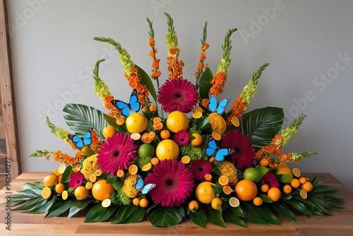 Lush Floral Display with Butterfly and Citrus Accents in Bright Colors