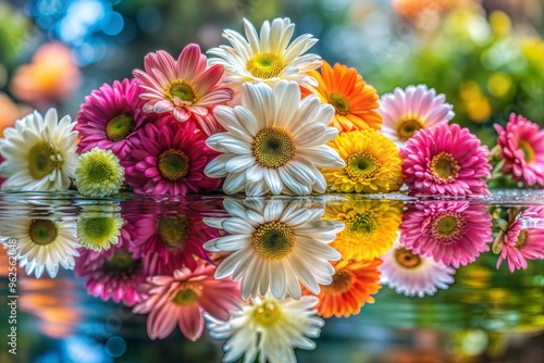 Colorful daisy flowers reflecting in water capturing natural beauty in spring setting