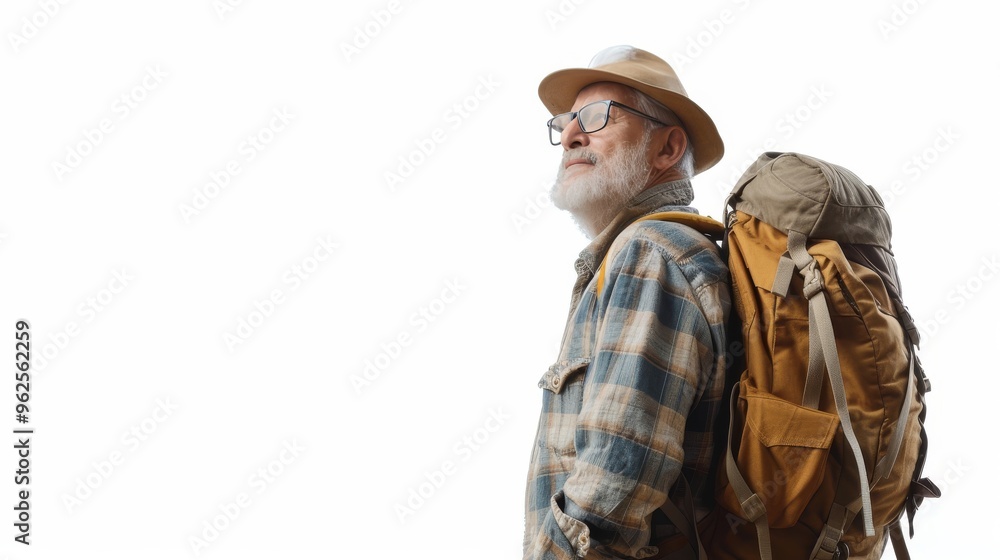 A senior man with glasses, a white beard, and a hat carries a large backpack. He stands in a thoughtful pose, dressed in a plaid shirt, ready for an outdoor hiking adventure. A senior man with glasses, a white beard, and a hat carries a large backpack. He stands in a thoughtful pose, dressed in a plaid shirt, ready for an outdoor hiking adventure.