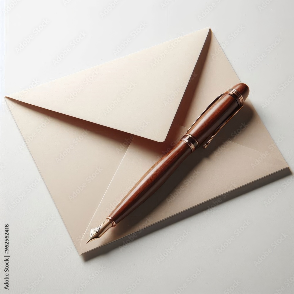 Elegant wooden pen paired with an envelope, isolated on a plain white surface Elegant wooden pen paired with an envelope, isolated on a plain white surface