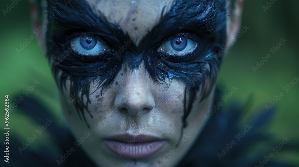 intense blue-eyed face with dark feathers intense blue-eyed face with dark feathers