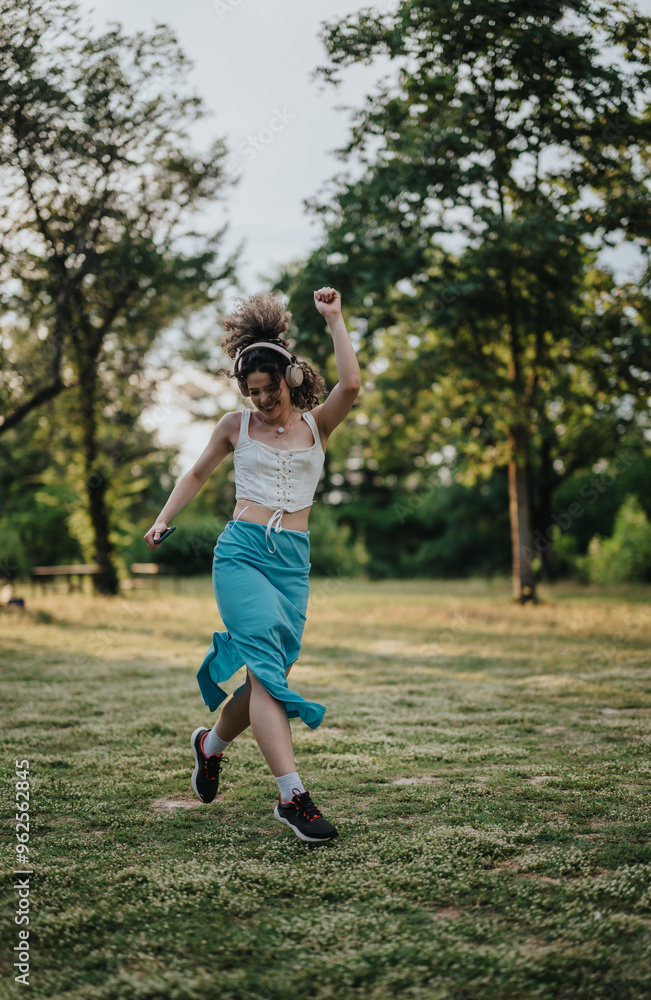 A joyful young woman dances energetically in a sunny park, enjoying music through her headphones. The vibrant scene showcases freedom and happiness. A joyful young woman dances energetically in a sunny park, enjoying music through her headphones. The vibrant scene showcases freedom and happiness.