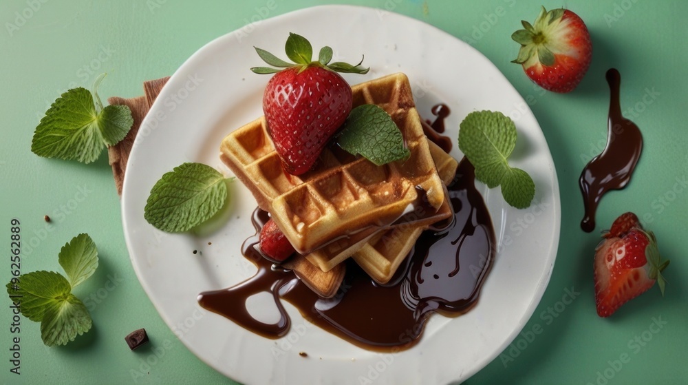 waffles with mint strawberries and chocolate sauce waffles with mint strawberries and chocolate sauce