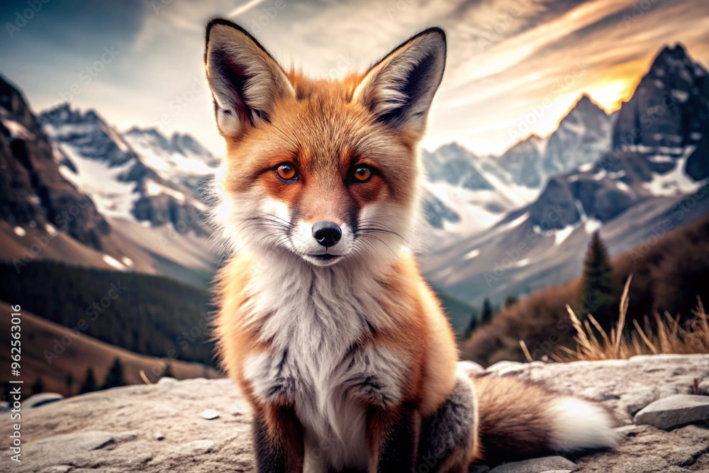 Obraz premium Red Fox Sitting on Mountaintop with Snowy Peak Background
