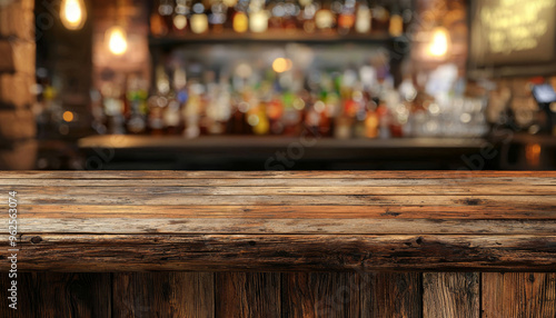 A rustic wooden bar counter with a blurred background of various bottles, creating a cozy atmosphere for socializing.