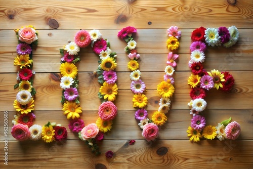 Colorful floral love arrangement on wooden surface with cheerful flowers