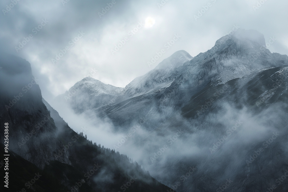 Misty high mountains. Clouds rise above the forest. Landscape. Misty high mountains. Clouds rise above the forest. Landscape.