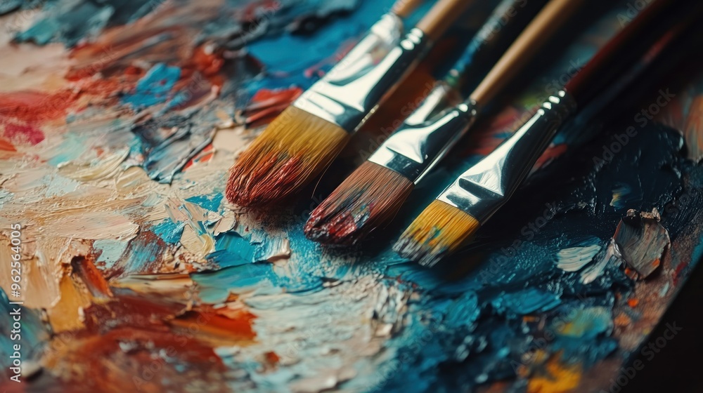 Three Paintbrushes on a Palette with Vibrant Colors Three Paintbrushes on a Palette with Vibrant Colors