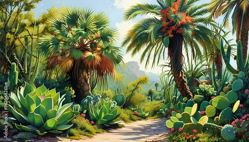 Vibrant cactus and palm leaves are intertwined, showing a unique plant landscape and exuding a natural atmosphere. photo