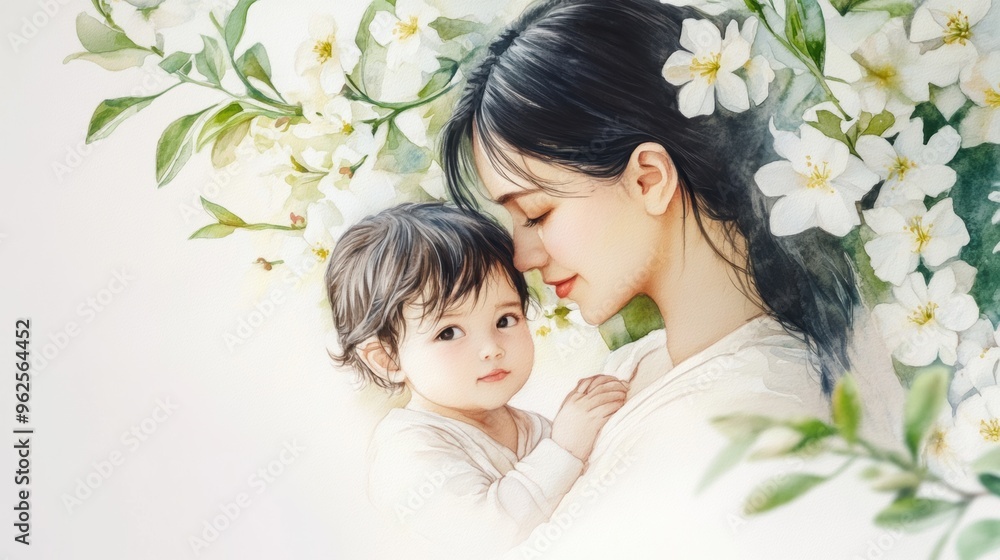 Fototapeta premium Loving Mother Embracing Her Joyful Child Amidst Blooming Flowers