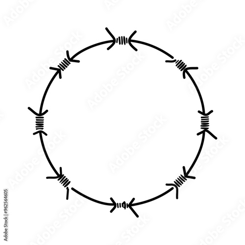 Round frame with barbed wire on white background. Vector illustration.
