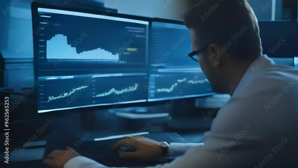 Businessman Working with Financial Charts on Multiple Monitors in Dark Office Businessman Working with Financial Charts on Multiple Monitors in Dark Office