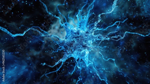 An abstract image of a neuron-like structure bursting with blue hues against a dark black background, creating a visually striking and dynamic effect.