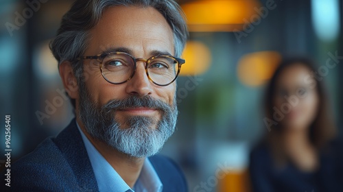 Portrait of a smiling man with a grey beard and glasses in a blue jacket.