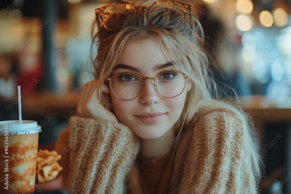 Blonde woman smiling while drinking coffee on a cold winter day in the city Blonde woman smiling while drinking coffee on a cold winter day in the city