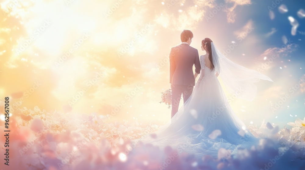 Bride and Groom Silhouetted Against a Sky of Light and Flowers Bride and Groom Silhouetted Against a Sky of Light and Flowers