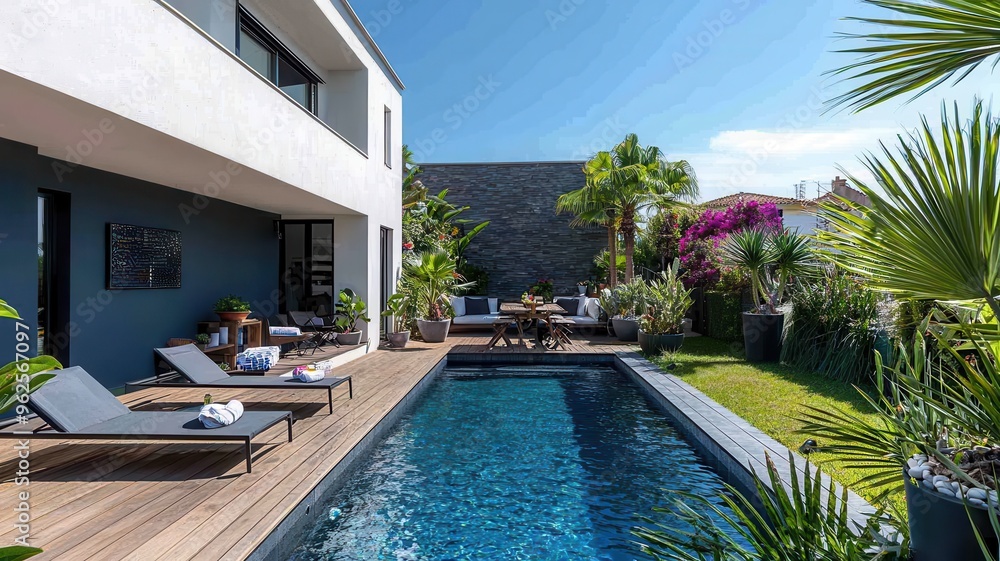 A modern luxury villa with a serene pool surrounded by lush greenery and outdoor seating. Perfect for relaxation and summer vibes. A modern luxury villa with a serene pool surrounded by lush greenery and outdoor seating. Perfect for relaxation and summer vibes.