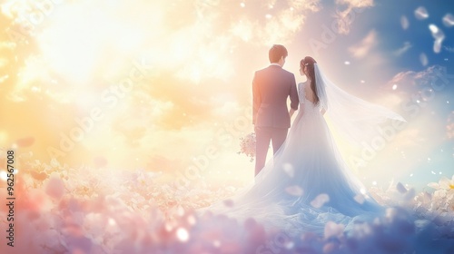 Bride and Groom Silhouetted Against a Sky of Light and Flowers