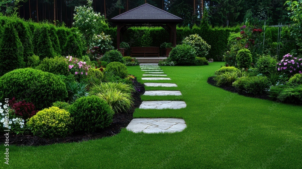 A serene garden path leads through lush greenery, vibrant flowers, and sculpted hedges, perfect for relaxation and enjoyment. A serene garden path leads through lush greenery, vibrant flowers, and sculpted hedges, perfect for relaxation and enjoyment.