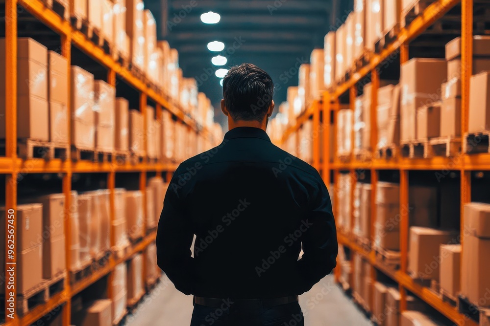Silhouette of a manager standing near rows of storage shelves in a dimly lit cargo warehouse, silhouette manager shelves, warehouse storage organization Silhouette of a manager standing near rows of storage shelves in a dimly lit cargo warehouse, silhouette manager shelves, warehouse storage organization