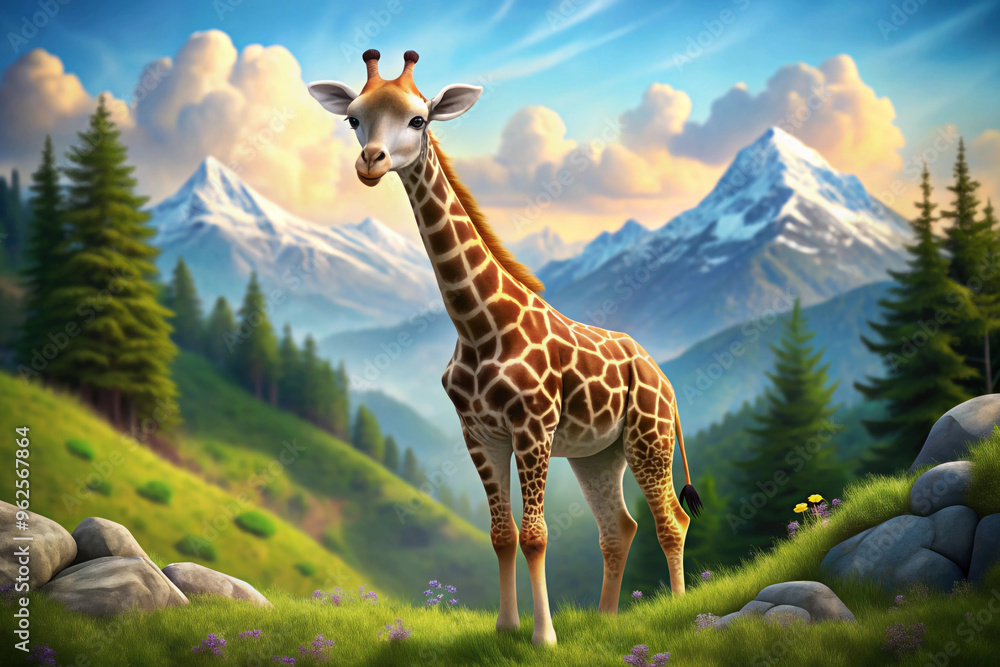 Obraz premium A Giraffe Standing on a Mountain Meadow