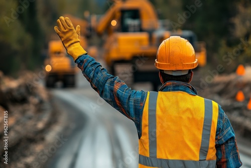 A construction worker in a safety vest signals with his hand while heavy machinery operates in the background.