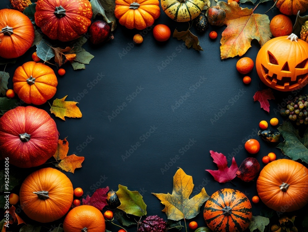 Autumn scene featuring assorted pumpkins, vibrant leaves, and a carved jack-o'-lantern, ideal for Halloween and fall themes. Autumn scene featuring assorted pumpkins, vibrant leaves, and a carved jack-o'-lantern, ideal for Halloween and fall themes.